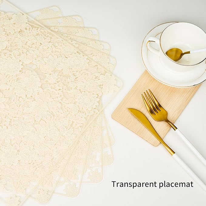 Clear Placemats Set of 6 Rectangle - PVC Place Mats with Beige Flower Carft Table Protector for Kitchen Dining Room, Wahsable Heat Resistant Non-Slip Reversible Table Mats