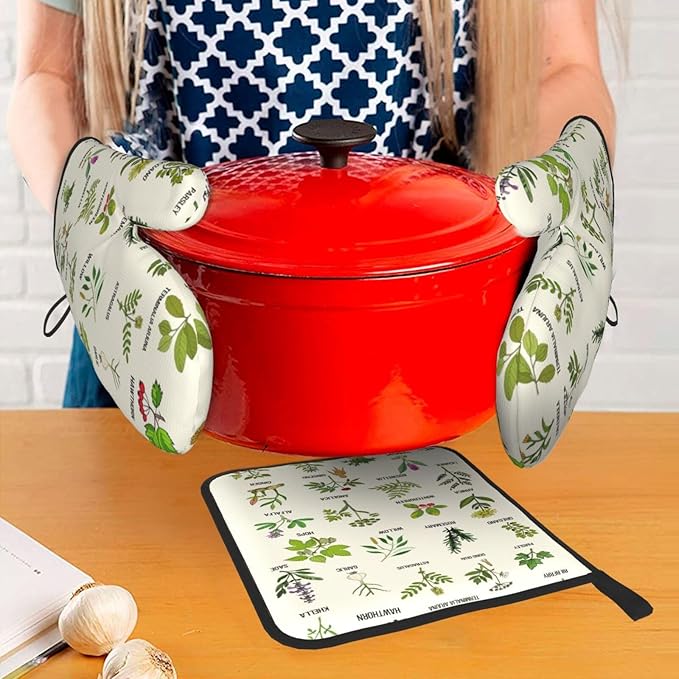 Cute Herbs Botanic Garden Plants Oven Mitts and Pot Holders Sets Heat Resistant for Kitchen BBQ Microwave Baking Grilling Cooks Set of 3 Kitchen Oven Glove