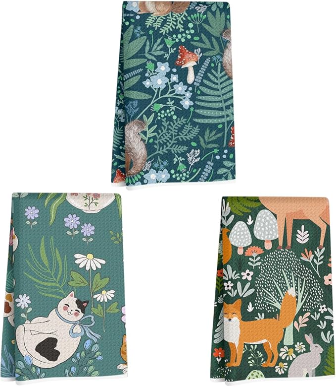 3Pcs Cat Kitchen Towels 24x14 Inch, Squirrel Fox Deer Decor Microfiber Reusable Tea Towels for Kitchen Bathroom Farmhouse, Durable Waffle Weave Dish Drying Towel, Floral Gifts for Women Mom Friend