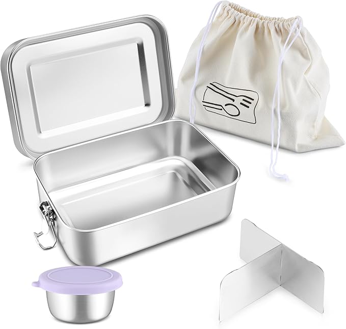 HaWare Lunch Box, 47oz (1400ml) Large Stainless Steel Bento Box with Condiment Container and Carrying Bag, 3 Compartment Food Container for Kids and Adults, Leak-Proof Metal Snack Box, Dishwasher Safe