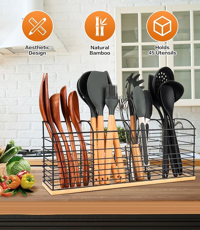 Extra Large Utensil Holder for Kitchen Counter - 15.7"x 6.7"x 4.4", Aesthetic Design, Anti-Slip Mat, 4 Compartments, Black Cooking Utensil Organizer for Countertop, Spatula Utensil Caddy