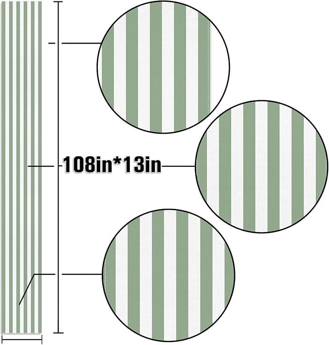 Sage Green and White Cabana Striped Table Runner Baby Shower Birthday Party Decoration Wedding Dining Room Home Kitchen Table Decor (Sage Green, 13" x 108")