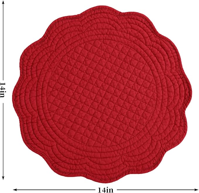 HOMBYS Quilted Placemats Set of 6 Washable Round Placemats for Kitchen Table-100% Cotton Fabric 14 Inch Round Table Mats, Cotton Fabric with Microfiber Filling, (14"x14", Red)