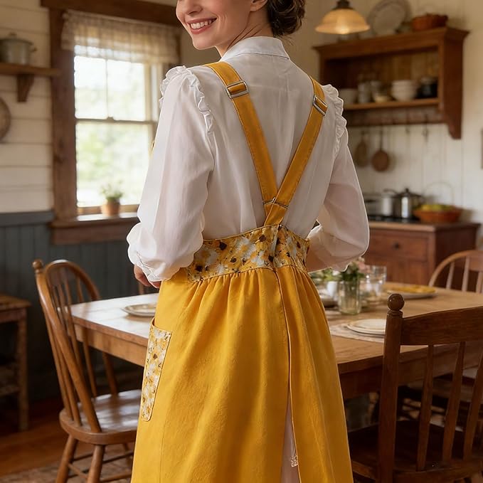 Uaussi Cotton Linen Apron Cross Back Work Apron for Women with Pockets Pinafore Dress X Cross Halter Apron for Chef Gardening