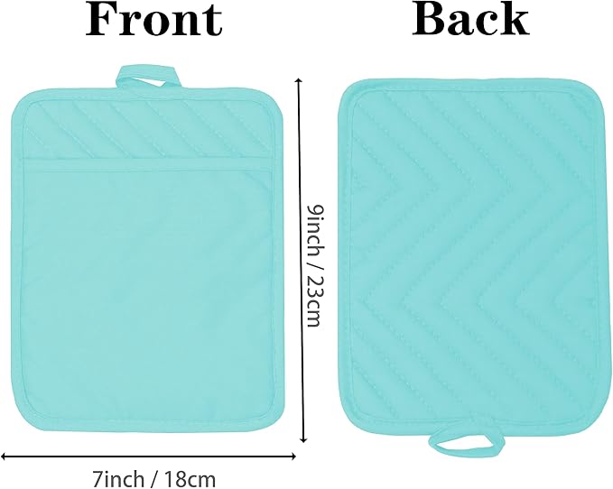 Oven Pot Holder with Pocket Cotton Heat Resistant Coaster Potholder Kitchen Hot Pad Oven Mitts for Cooking Square 7"x9"Set of 5 (Aqua)