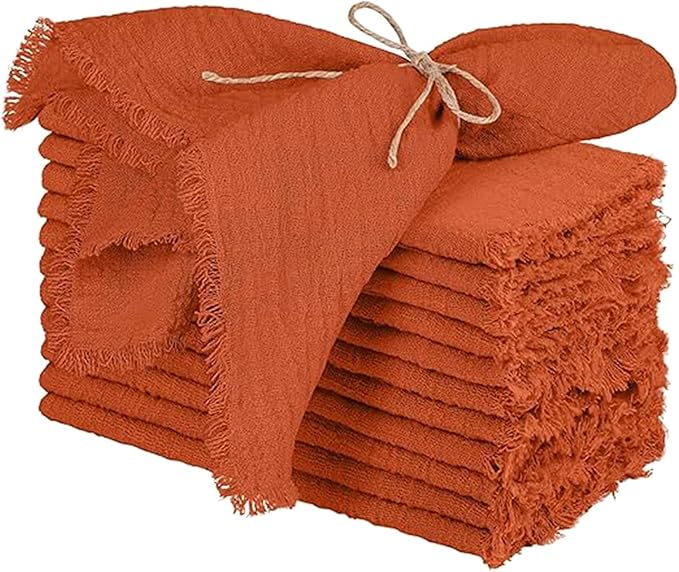 Cotton Blend Fringe Cloth Napkins - Crinkle Gauze Dinner Napkins, Reusable & Washable Table Napkins, 17" x 17" (43 x 43 cm), Multiple Colors, 12/24/48/100 Pack (12, Terracotta)