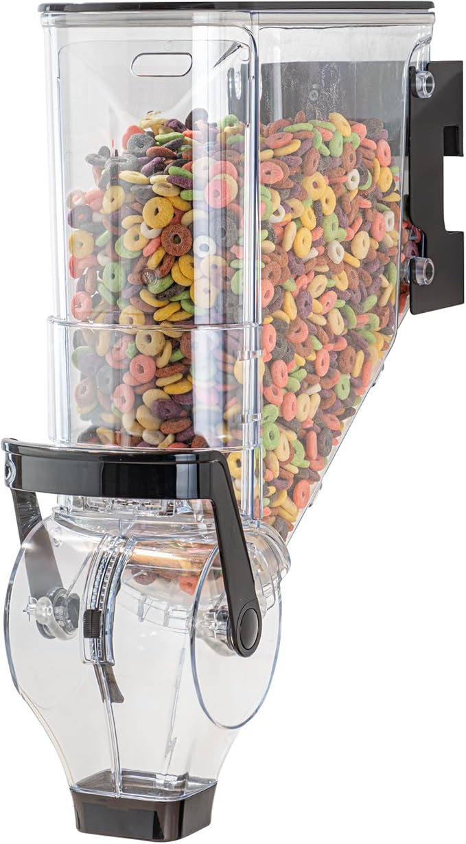 Restaurantware Cereal Dispenser 3.5 gal Plastic Wall-Mounted Gravity Bin Candy Dispenser Self-Serve Black Dry Food with Wall Mount Brackets for Breakfast Buffet or Hotel Use