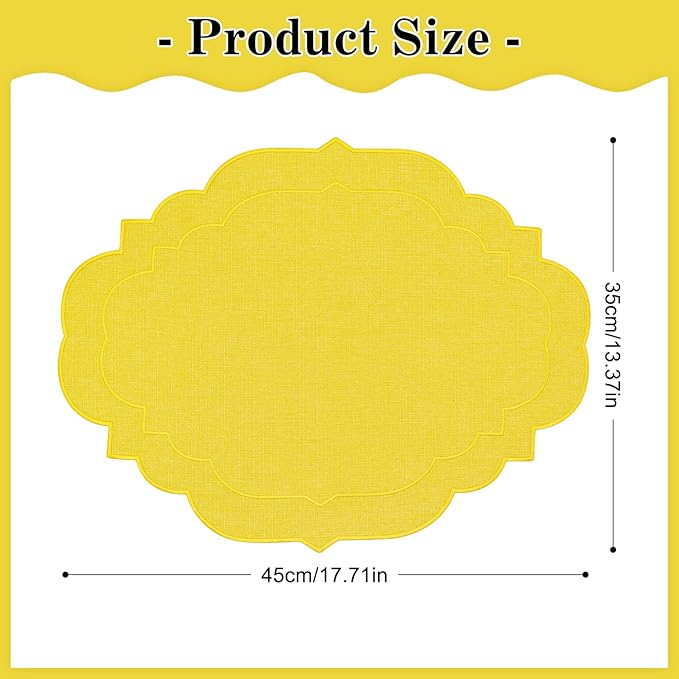 Cotton Linen Oval Placemats Set of 4, HADEEONG Table Mats Cloth Placemats, Washable Wrinkle Resistance, Scalloped & Embroidered Fabric Placemats, 17.71 x 13.77inch (Yellow, 4)
