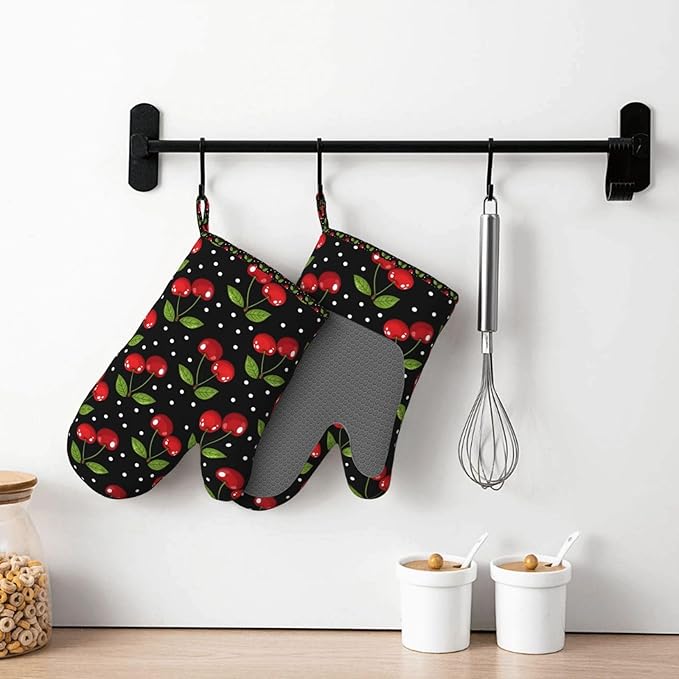 Cherry Print Silicone Oven Mitts Set of 2, Heat Resistant up to 500°F, Kitchen Oven Gloves with Non-Slip Grip and Soft Cotton Lining for Baking, Cooking and BBQ