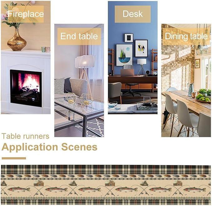 Fishing Table Runner Vintage Rustic Cabin Rods Lure Southwestern Check Art Printed Dinner Runner for Home Kitchen Dining Table Decor Fabric 1 Panel W13xL60in