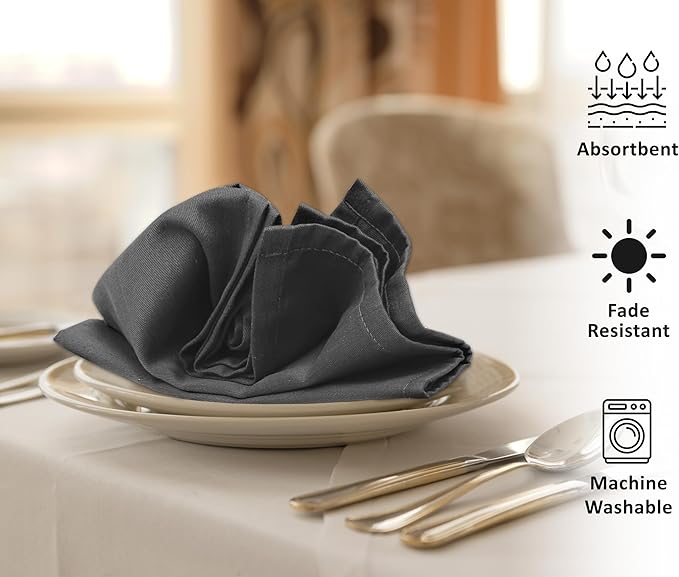Ruvanti Cloth Napkins Set of 12, 18x18 Inches Napkins Cloth Washable, Soft, Durable, Absorbent, Cotton Blend. Table Dinner Napkins Cloth for Hotel, Lunch, Restaurant, Weddings, Parties - Dark Grey