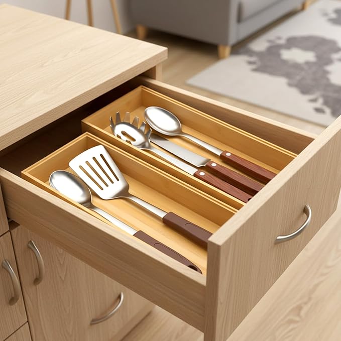 2 Pack Kitchen Drawer Organizers, 14" x 5.9" x 2" Stackable Bamboo Silverware Drawer Organizer, Bamboo Utensil Organizer for Bathroom, Dressing Room, Office, Pantry (Natural)