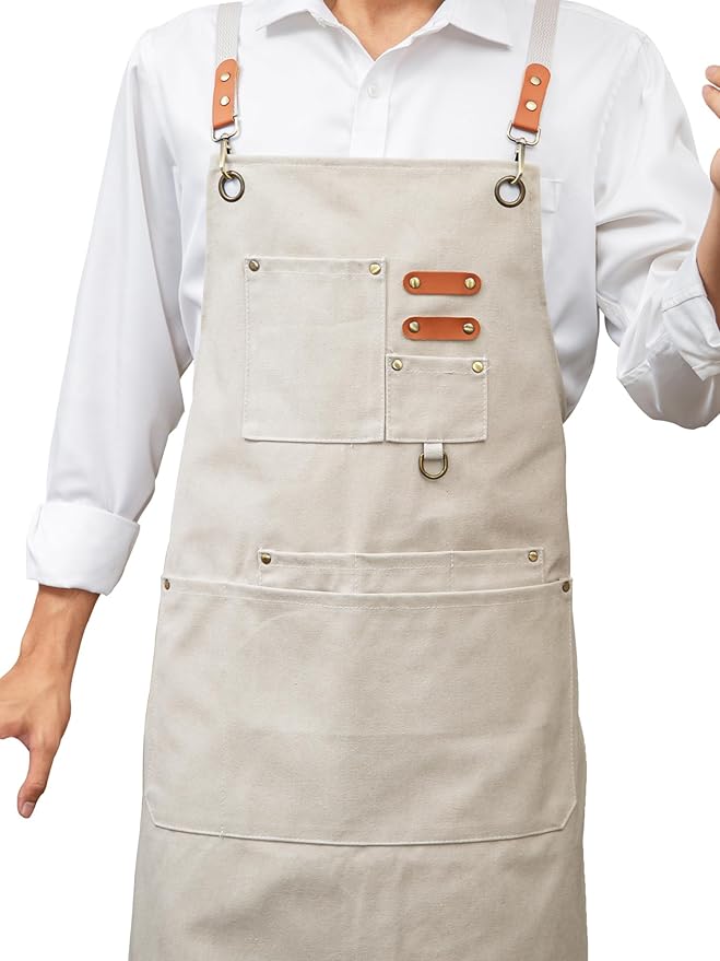 KITCHIEF Woodwork Aprons for Men,Tool Apron with loop and Pockets,Cross Back Heavy Duty Workshop Apron for Carpenter,Garden