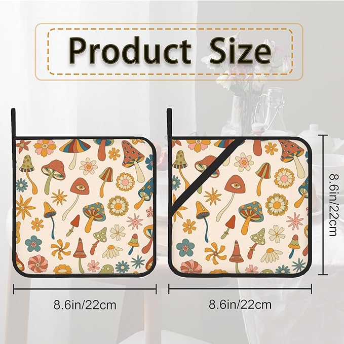 Retro Hippie Boho Mushrooms Groovy Flowers Pot Holder Set of 2,Heat Resistant Potholders Oven Hot Pads for Kitchen Cooking Baking BBQ