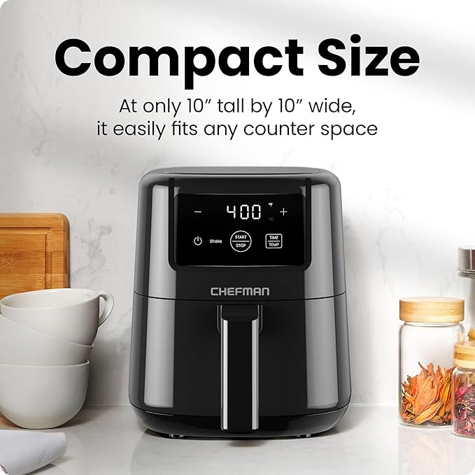 CHEFMAN 2 Qt Mini Air Fryer – Digital Space-Saving Compact Air Fryer with Nonstick and Dishwasher Safe Basket, Quick & Easy Meals in Minutes, Features Digital Timer and Shake Reminder – Black