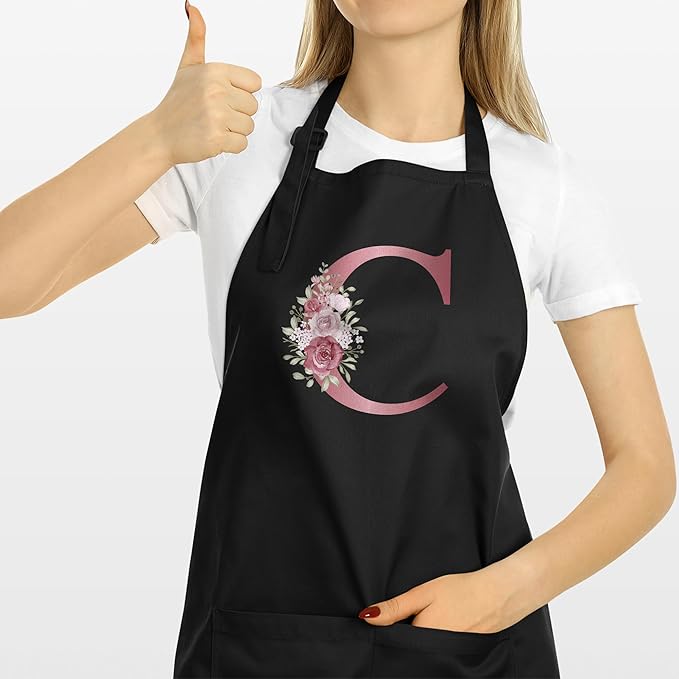 ROKO CLOTHING Personalized Initials Apron with Pockets Custom Kitchen Aprons Women for Baking Cooking Adjustable Neck Waist