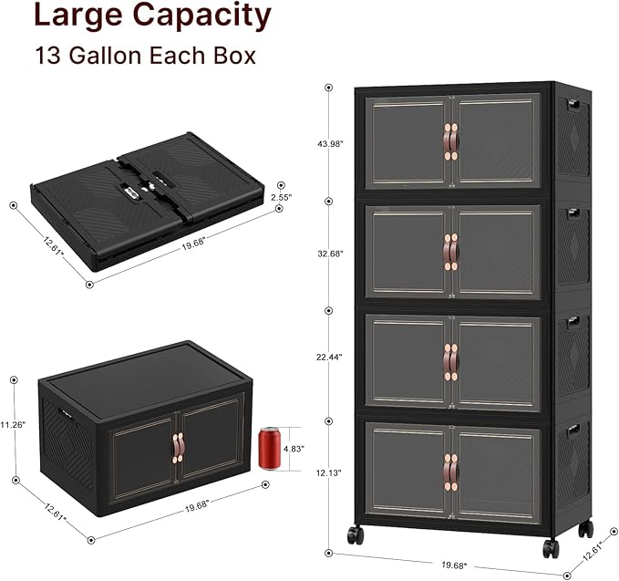 UAMFURI Stackable Storage Bins with Lids, 192QT Closet Organizers, Lockable Storage Cabinet，Foldable Storage Box with Doors and Wheels, Plastic Drawers for Home, Garage, Office (4, Black, Medium)