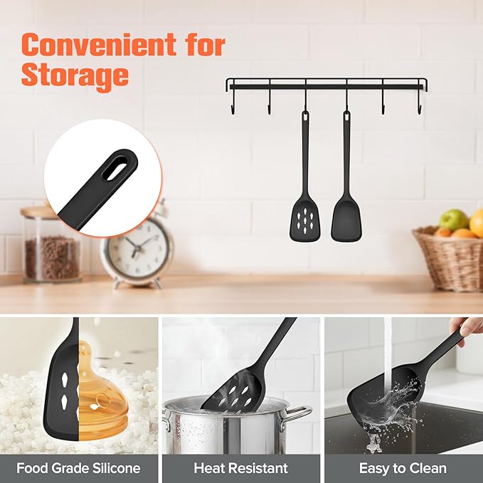 Silicone Cooking Spatula&Slotted Spatulas, Pack of 2,Solid Turner Kitchen Utensils Set for Cooking,Frying, Baking, Flipping, Turning,Heat Resistant 450℉ (BLACK)