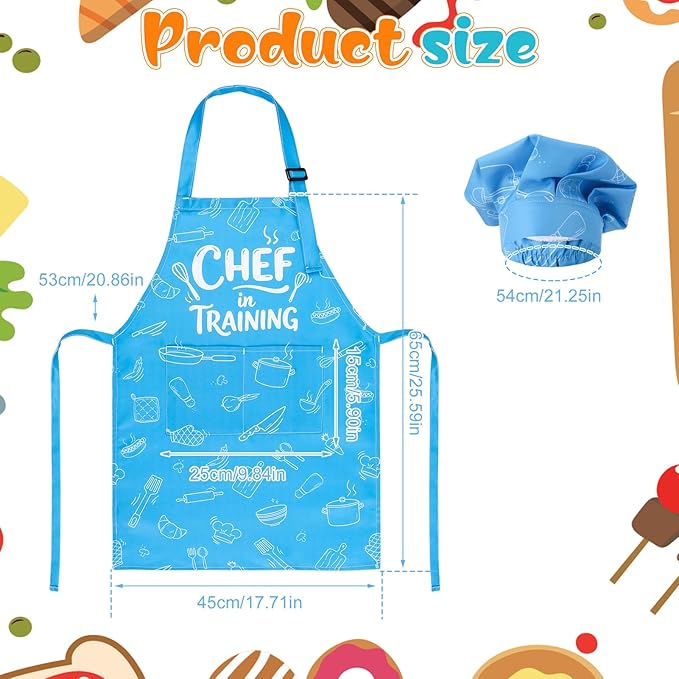Kids Apron and Chef Hat Set, Funny Apron with 2 Pockets, Adjustable Kids Aprons for Cooking for Boys and Girls