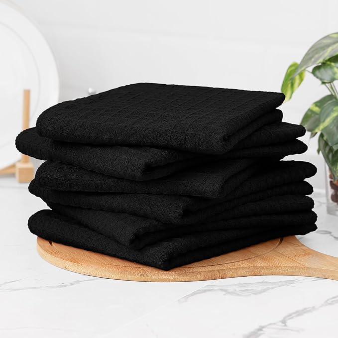 Homaxy Microfiber Waffle Weave Kitchen Towels Set, 16 x 28 Inch and 12 x 12 Inch Ultra Absorbent and Solid Color Dish Towels, 12 Pack, Black