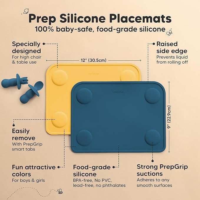 KeaBabies 2pk Silicone Placemats for Toddlers, Kids - 12x9 Non Slip Suction Baby Silicone Placemat for Restaurants, Dining Table,Travel, Easy to Clean,Food Grade/BPA-Free,Small Baby Table Mat(Valiant)