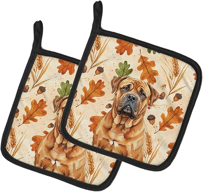 Caroline's Treasures Red Bullmastiff Heirloom Fall Pair of Pot Holders Pair 7.5x7.5 Quilted Insulated Hot Pads Decorative Kitchen Gift Made in USA