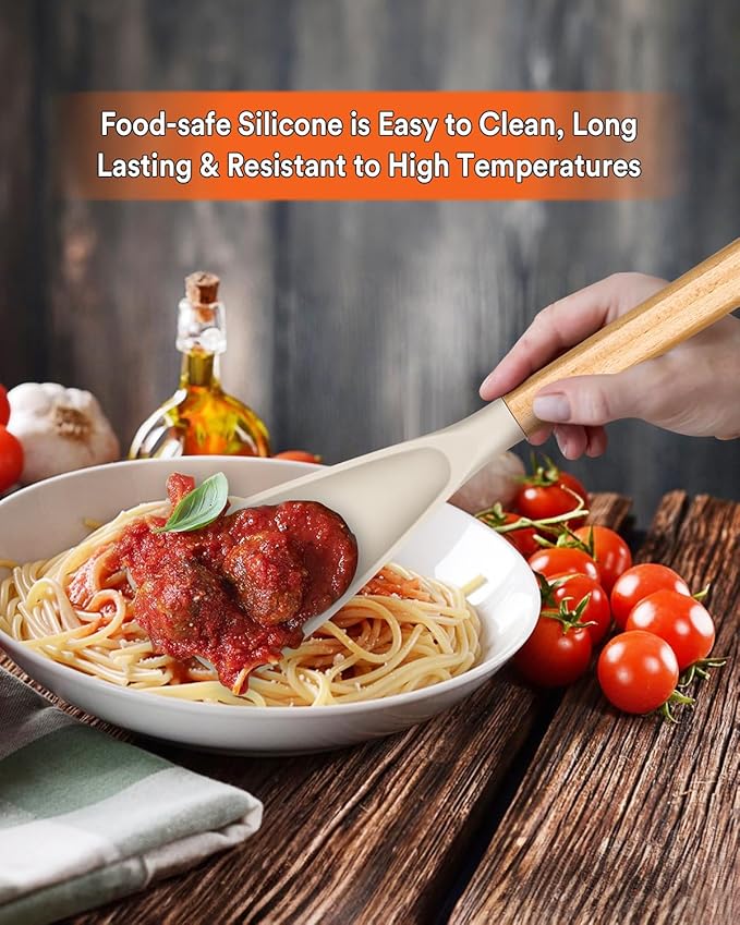 Cooking Spoon for Nonstick Cookwares, Great for Cooking and Serving Sturdy BPA-Free Matte Silicone, Wood Handle Spoon for Mixing, Scoop, and Scrape (2 Pack of Khaki, 13.4 inch)