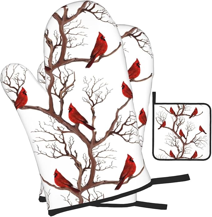 Winter Cardinal Birds Oven Mitts and Pot Holders Sets of 3 Kitchen Hot Pads Oven Gloves Heat Resistant Washable for Cooking Grilling Baking Christmas Holiday Kitchen Decor Cardinal Gifts for Women