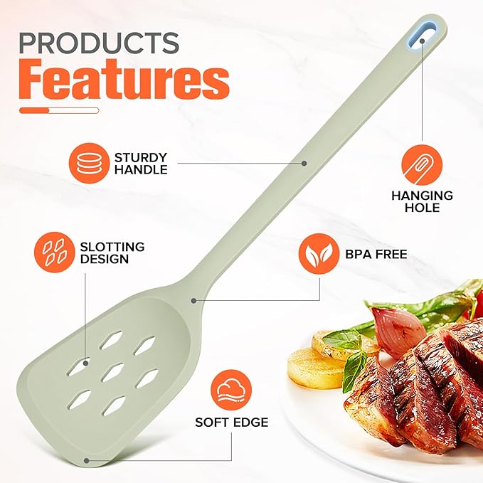 Silicone Cooking Spatula&Slotted Spatulas, Pack of 2,Solid Turner Kitchen Utensils Set for Cooking,Frying, Baking, Flipping, Turning,Heat Resistant 450℉ (Green)
