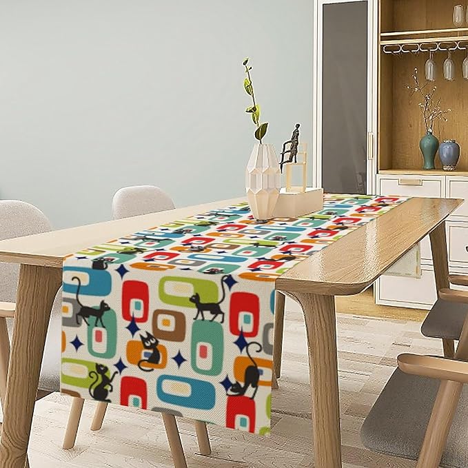 Mid Century Modern Table Runners Cute Black Cat Abstract Geometric for Dining Room Dinner Runner Kitchen Indoor Outdoor Patio Party Decor Fabric 1 Panel W13xL108in