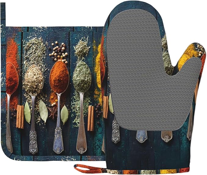 Various Herbs and Spices Oven Mitts and Pot Holders Sets Non-Slip Silicone Surface for BBQ Gloves,Kitchen,Cooking,Baking,Grilling