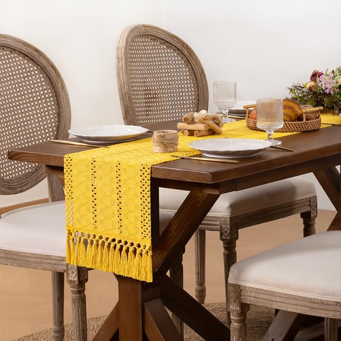 DeZerlor Boho Macrame Table Runner Spring Easter Farmhouse Woven Table Runner with Tassels 90 Inches Gold Yellow Cotton Linen Kitchen Table Decor for Dining Dresser Home Tea Table Decor