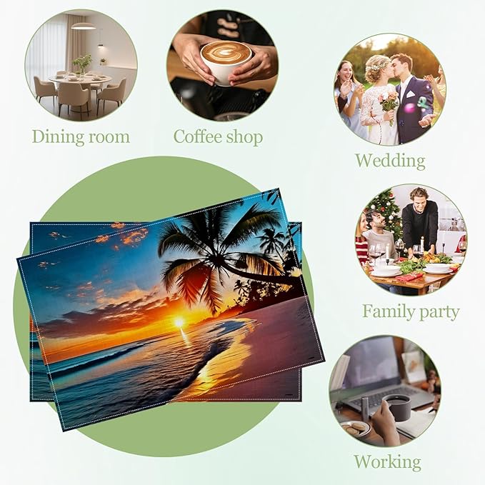 Tropical Beach Palm Tree Sunset Placemats Set of 6, Washable Heat Resistant Table Mat Linen Place Mats for Party Kitchen Dining Home Decor 12x18 Inch