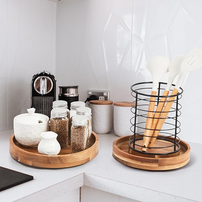 [ 2 Pack ] 12 Inch Acacia Wood Lazy Susan Organizer for Cabinet, Lazy Susan Turntable for Countertop Table Pantry, Kitchen Turntable Storege Container