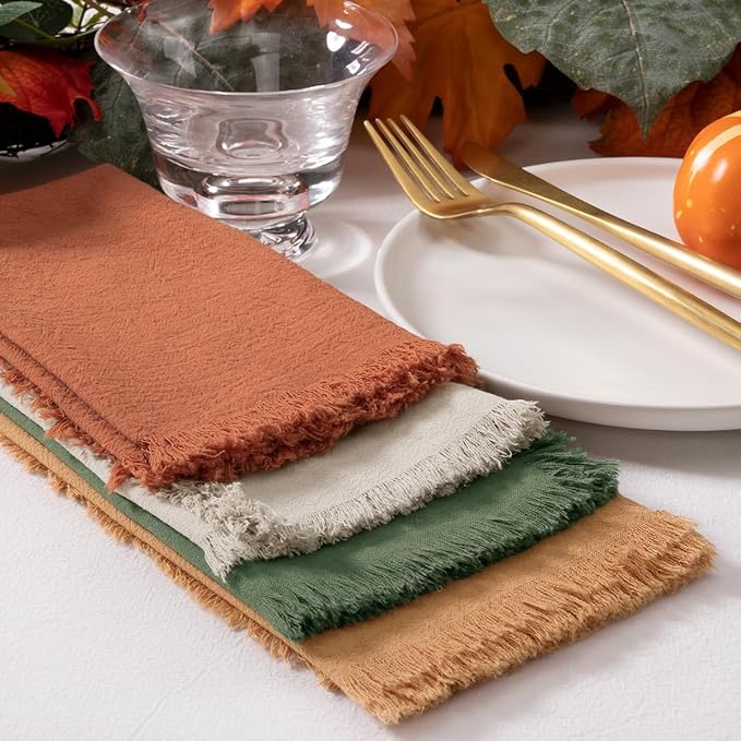 DeZerlor 12 Pack Thanksgiving Color Cotton Linen Napkins with Fringe Fall Napkins Cloth Set of 12 Boho Napkins Handmade Dinner Napkins Bulk for Wedding Thanksgiving Dining Table, 17 x 17
