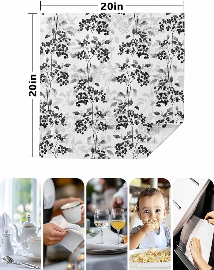 Black Grey Cloth Napkins Set of 6 - Washable Dinner Napkins Reusable Table Napkins for Home Party Weeding Dining Table Setting Decoration,Oversized 20"x20" Spring Modern Herb Wildflower Floral Plant