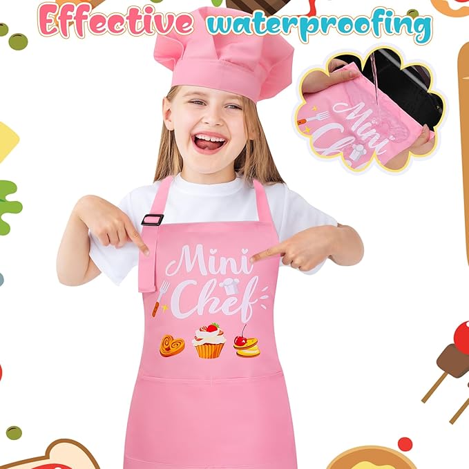 Kids Apron and Chef Hat Set, “Mini Chef” Funny Apron Adjustable Kitchen Apron for Boys and Girls
