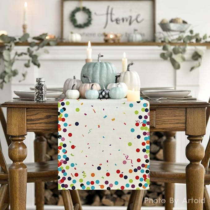 Artoid Mode Polka Dot Beige Happy Birthday Table Runner, Seasonal Kitchen Dining Table Decoration for Home Party Decor 13x90 Inch