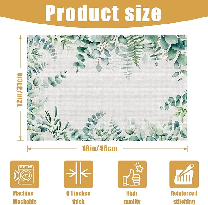 Eucalyptus Leaves Placemats Set of 6, Sage Green Linen Place Mat Washable Stain Resistant Table Mats for Farmhouse Kitchen Dining Party Wedding Decor 12x18 Inch