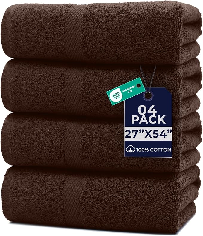 DAN RIVER Bath Towels Set of 4, 27 x 54 Inches, 100% Cotton, Larger & Lighter Weight, Quicker to Dry, Super Soft and Absorbent, Ideal Bathroom Towels for Daily Use, Brown