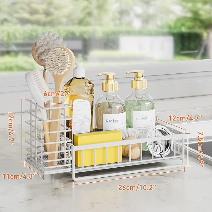 OVICAR Kitchen Sink Caddy Organizer - Sponge Holder with Dish Brush Holders - Instant Dry Waterproof Soap Dispenser Non-Slip Countertop Sink Caddy for Kitchen Bathroom White