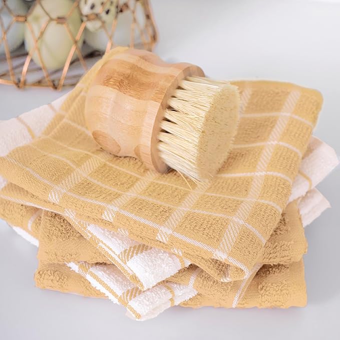 Ritz Premium 100% Cotton Terry Check Kitchen Dish Cloths - Highly Absorbent, Super Soft, Long-Lasting, 12"x12", 6-Pack, Straw