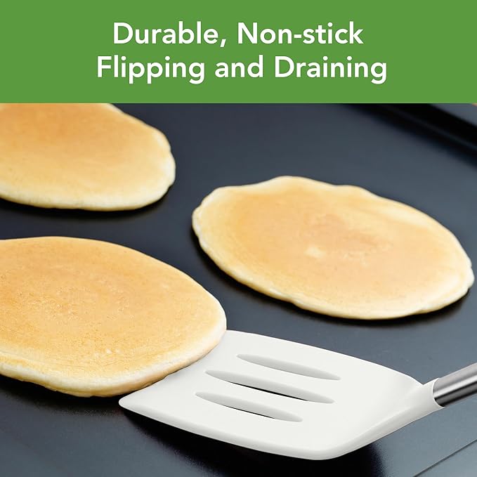 Tovolo Slotted Silicone Spatula Turner Slotted Stainless Steel Handle 10" White Heat Resistant Non Toxic BPA Free Kitchen Utensil, Scratch Resistant Silicone Pancake Flipper Metal Handle for Cooking