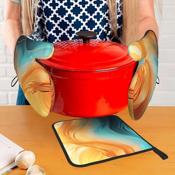 Orange Teal Marble Oven Mitts and Pot Holders Sets of 3 Kitchen Hot Pads Modern Oven Gloves Heat Resistant Washable for Cooking Grilling Baking Holiday Kitchen Decor