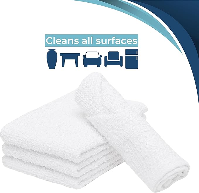 Looperry White Terry Cloth Rags (24 Pack) 13"x13" Inches Commercial Grade Dish Cloth Multipurpose Cleaning Rags for Housekeeping, Car Wash. Absorbent & Reusable Bar Mop Towels for Kitchen Cotton
