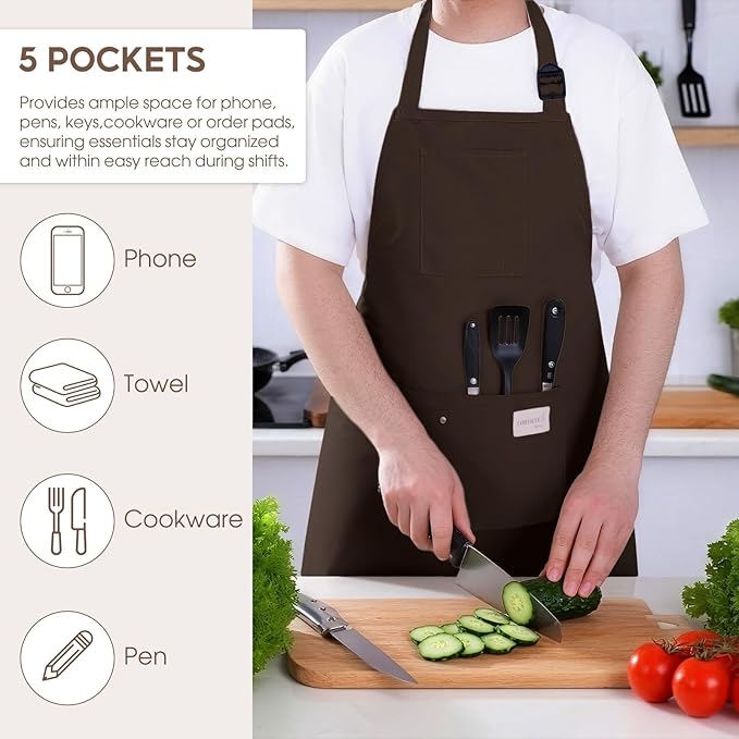 Kitchen Apron, Chef Aprons for Men Women with 5 Pockets Pen Holder, Adjustable Bib BBQ Work Apron for Cooking Baking