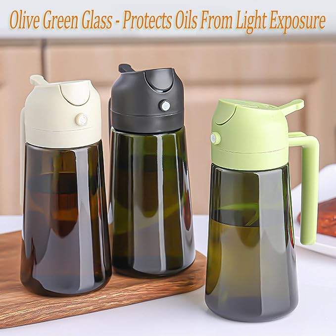 Oil Sprayer and Dispenser for Cooking- 2 x 16 oz Pack, Olive Green Glass to Preserve Fresh Oil, Suitable for Air Fryer, Roasting, Grilling, Barbecue, and Salad. (Black, Green)