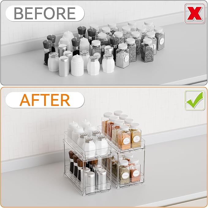 Yieach 4 Pack 2 Tier Vertical Spice Rack Pull Out,10.4'' Deep Narrow Slide Out Spice Rack Organizer for Inside Cabinets,Kitchen,Pantry,Cupboard Seasoning,Can,Jar Organizer and Medicine Cabinet Storage