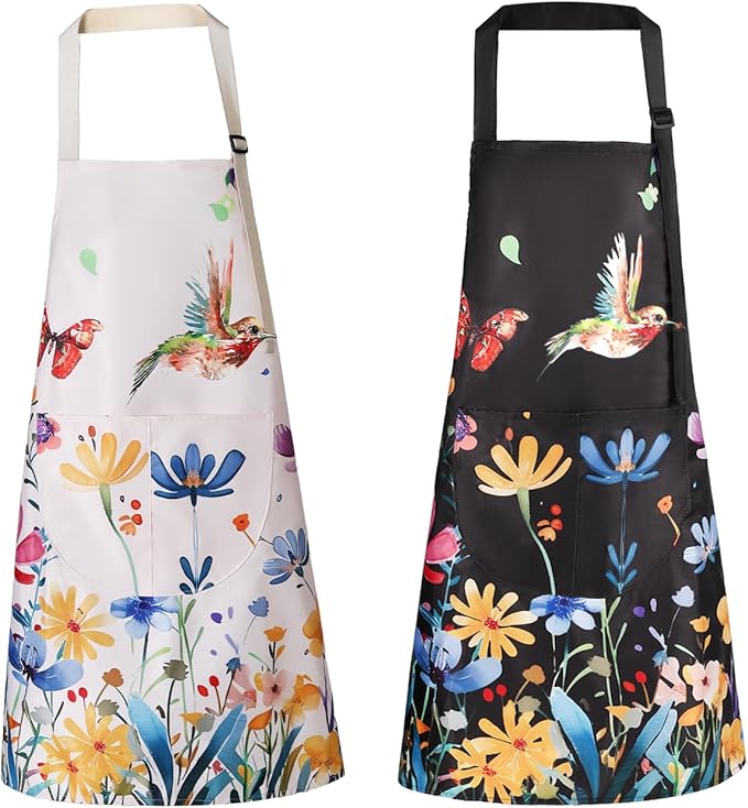 Floral Apron Women, 2 Pack Aprons for Women with Pockets, Waterproof Kitchen Apron Aprons for Cooking, Baking