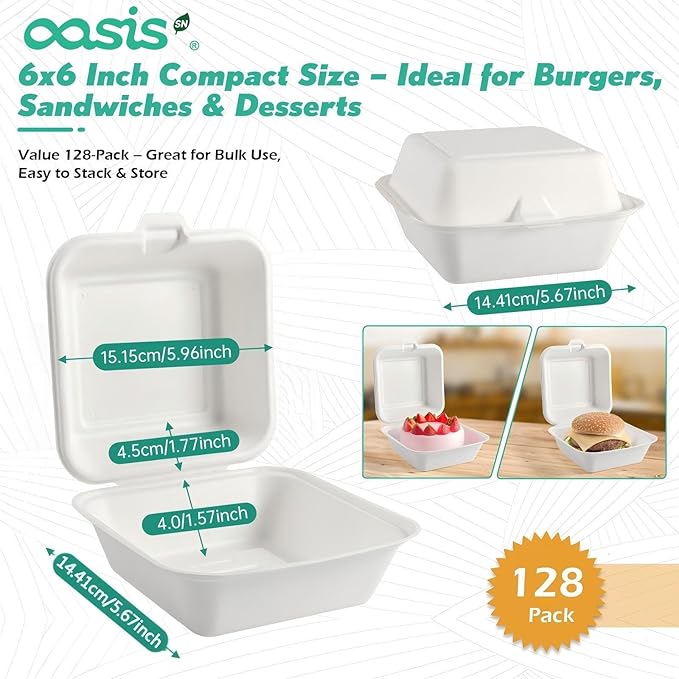 𝟲𝘅𝟲", 𝟭𝟮𝟴-𝗣𝗮𝗰𝗸 Compostable Clamshell Take Out Food Containers, Biodegradable Bagasse Paper To-Go Boxes for Burgers, Sandwiches, Eco-Friendly, Microwave & Freezer Safe (White, Small)